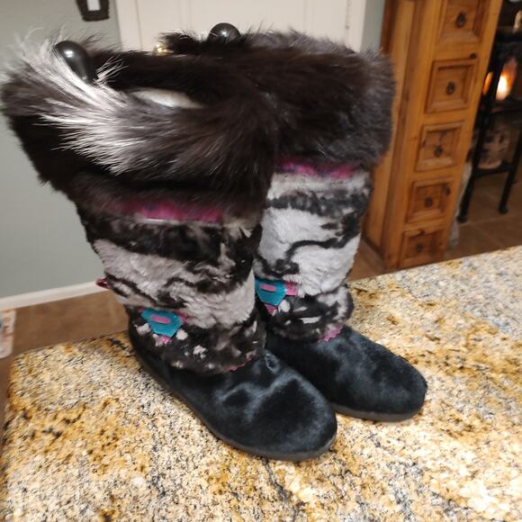 Tecnica Leather Fur Embroidered Boots Mid Calf Multicolor Women's Size US 6.5 - Picture 4 of 15